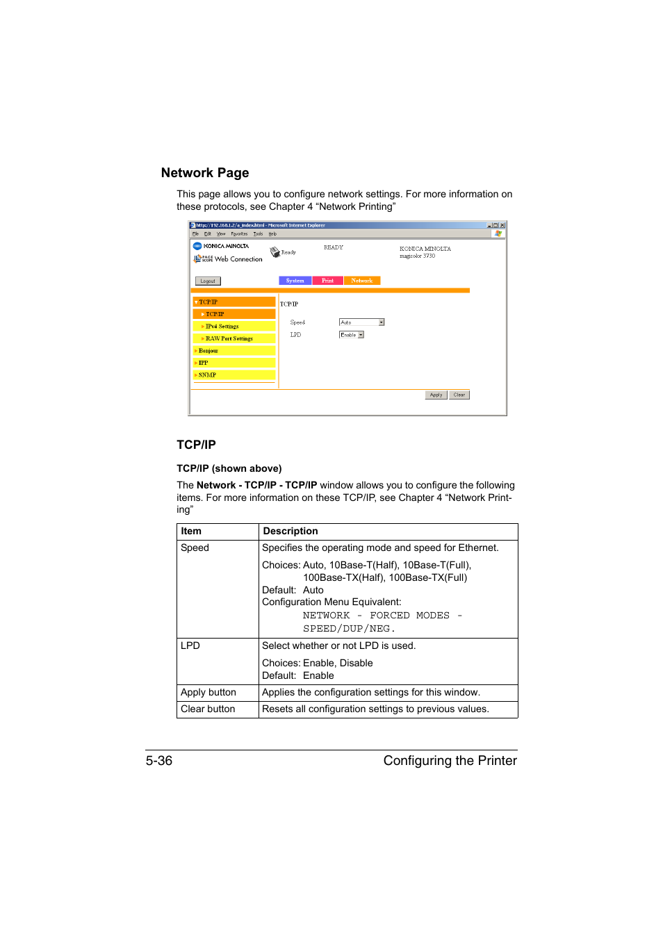 Tcp/ip, Tcp/ip -36, Configuring the printer 5-36 network page | Konica Minolta magicolor 3730DN User Manual | Page 173 / 185