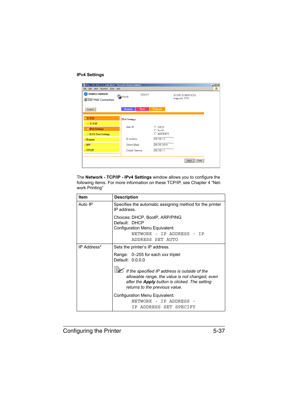 Configuring the printer 5-37 | Konica Minolta magicolor 3730DN User Manual | Page 174 / 185