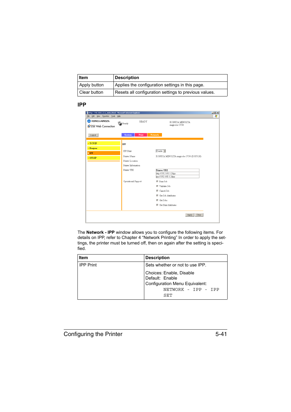 Ipp -41, Configuring the printer 5-41 | Konica Minolta magicolor 3730DN User Manual | Page 178 / 185