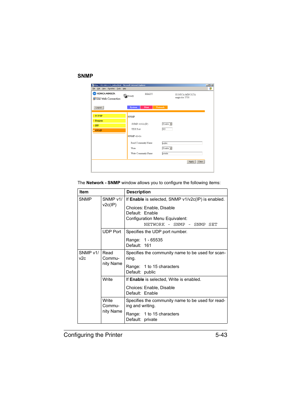 Snmp, Snmp -43, Configuring the printer 5-43 | Konica Minolta magicolor 3730DN User Manual | Page 180 / 185