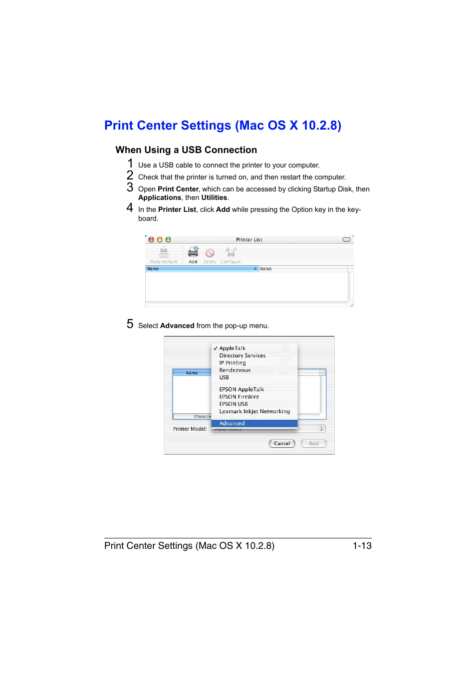 Print center settings (mac os x 10.2.8), When using a usb connection, Print center settings (mac os x 10.2.8) -13 | When using a usb connection -13 | Konica Minolta magicolor 3730DN User Manual | Page 28 / 185