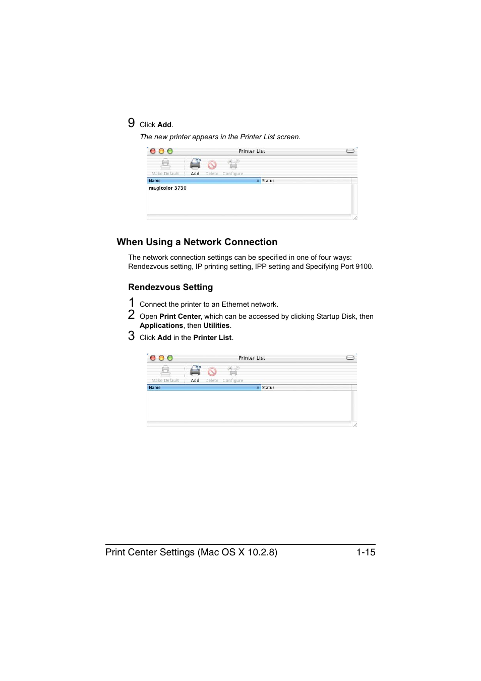 When using a network connection, Rendezvous setting, When using a network connection -15 | Rendezvous setting -15 | Konica Minolta magicolor 3730DN User Manual | Page 30 / 185