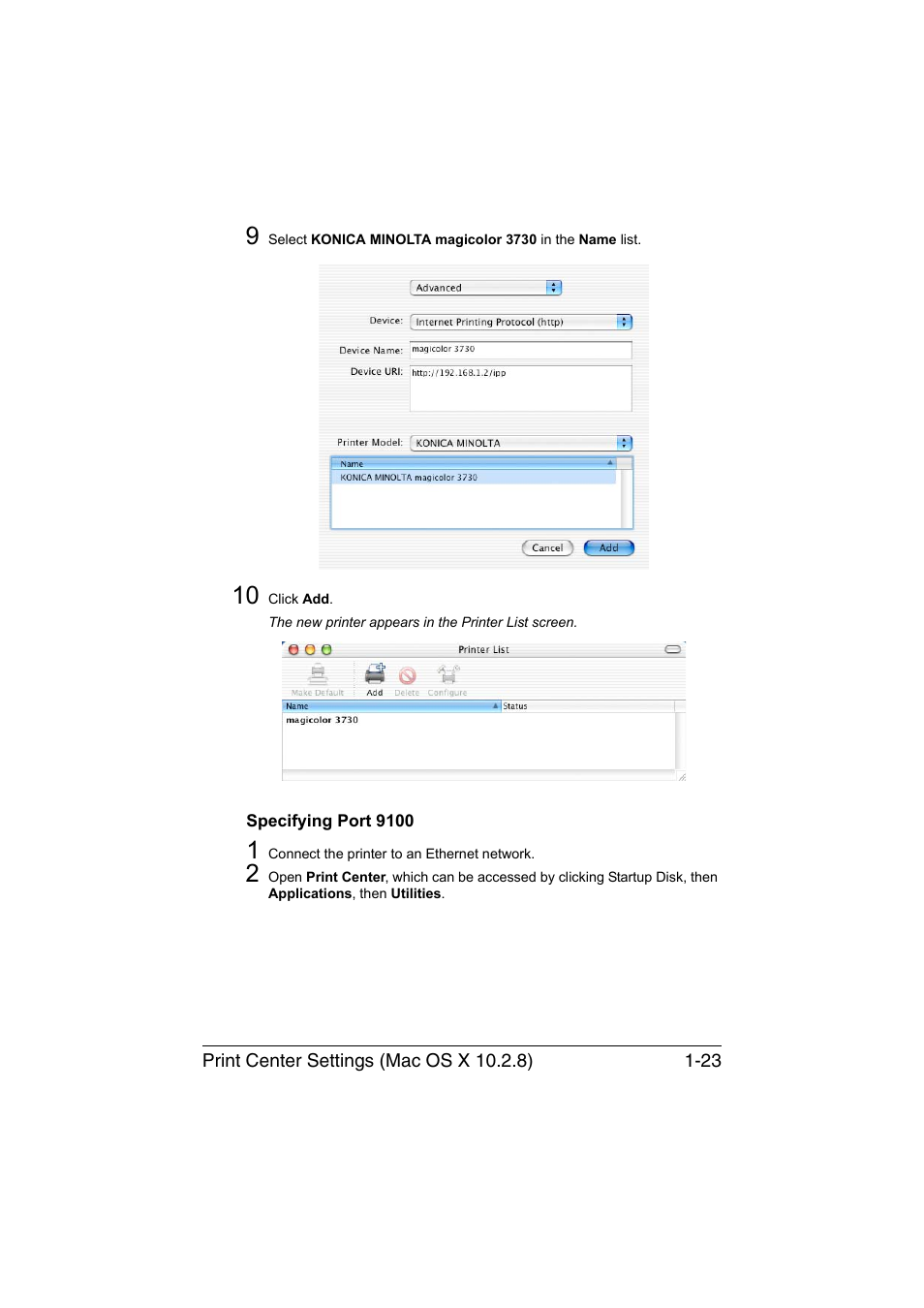 Specifying port 9100, Specifying port 9100 -23 | Konica Minolta magicolor 3730DN User Manual | Page 38 / 185