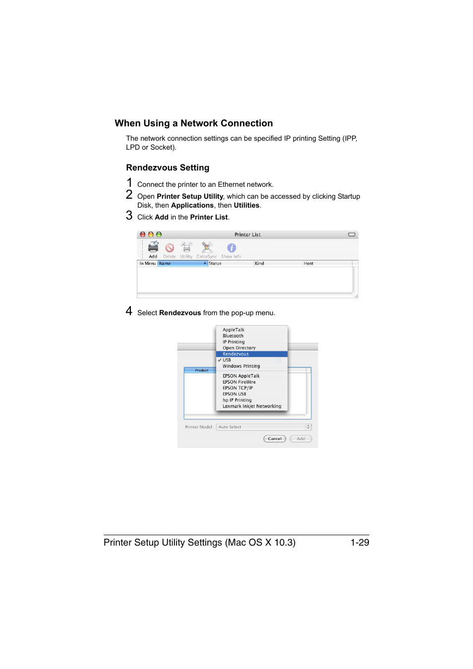 When using a network connection, Rendezvous setting, When using a network connection -29 | Rendezvous setting -29 | Konica Minolta magicolor 3730DN User Manual | Page 44 / 185