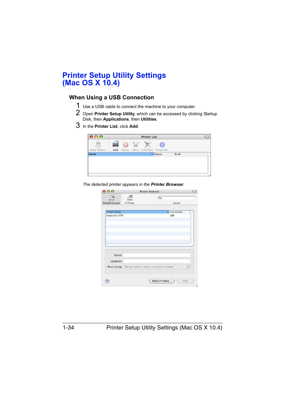 Printer setup utility settings (mac os x 10.4), When using a usb connection, Printer setup utility settings (mac os x 10.4) -34 | When using a usb connection -34 | Konica Minolta magicolor 3730DN User Manual | Page 49 / 185