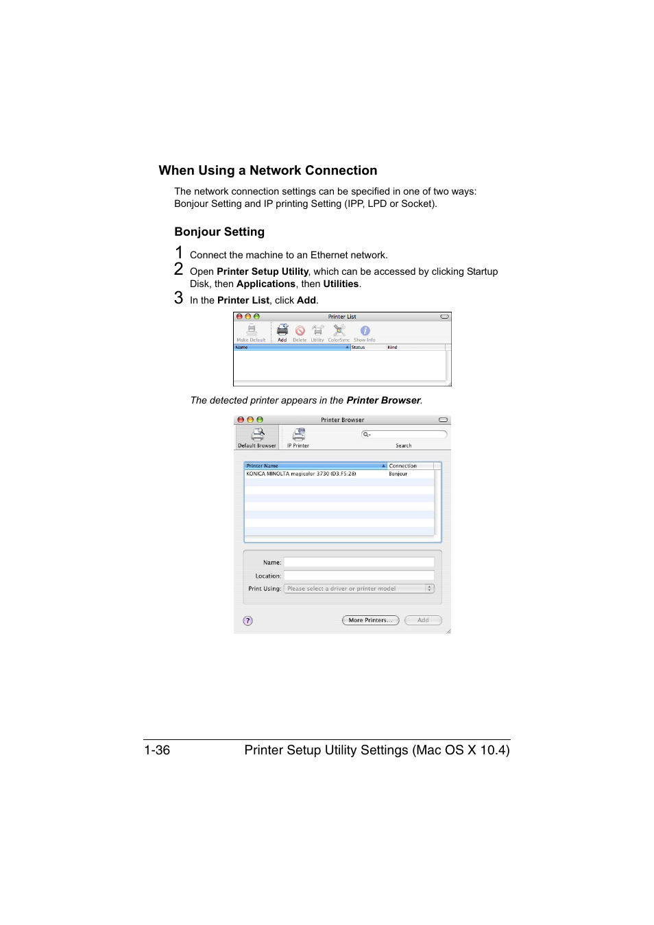 When using a network connection, Bonjour setting, When using a network connection -36 | Bonjour setting -36 | Konica Minolta magicolor 3730DN User Manual | Page 51 / 185