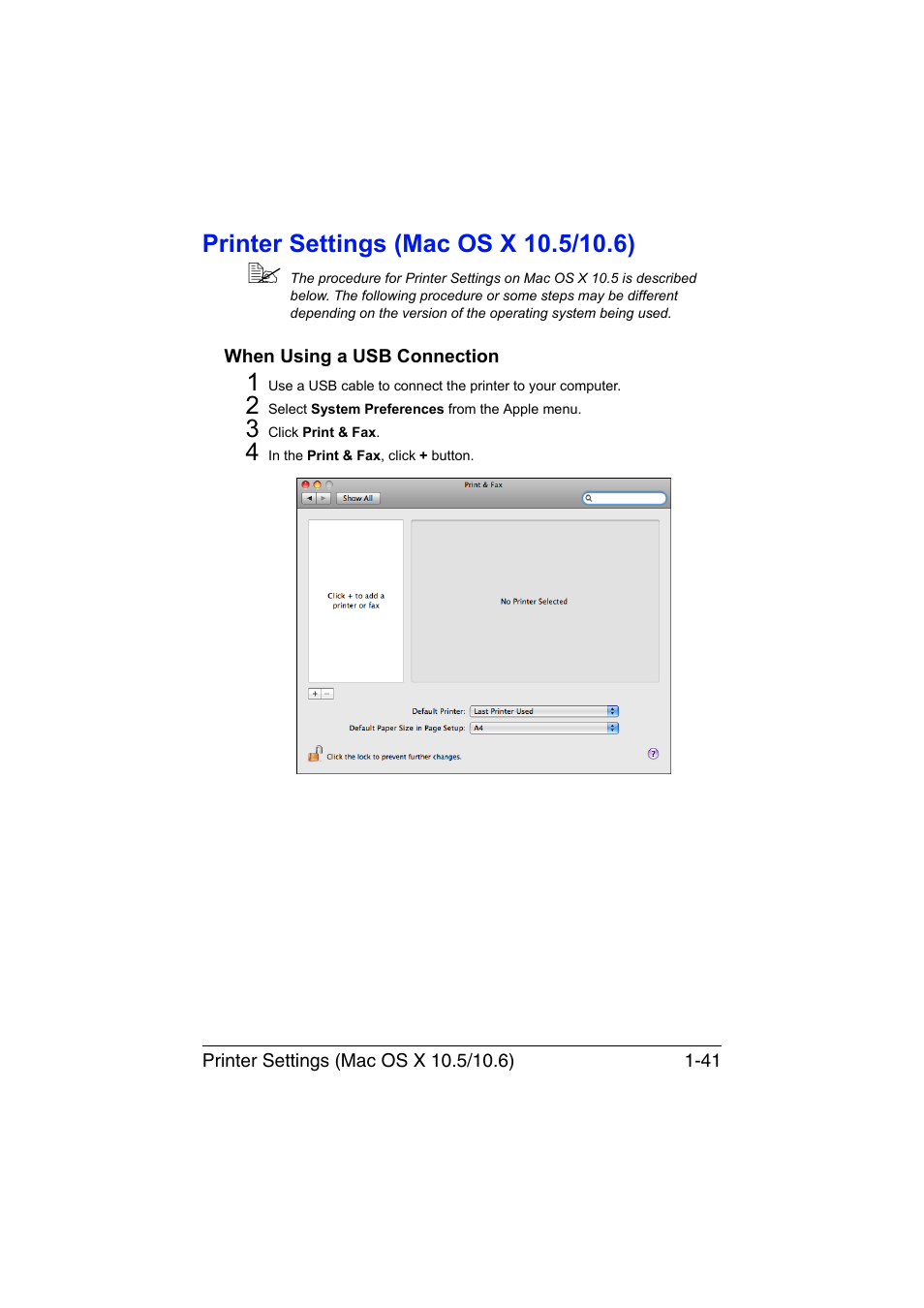 Printer settings (mac os x 10.5/10.6), When using a usb connection, Printer settings (mac os x 10.5/10.6) -41 | When using a usb connection -41 | Konica Minolta magicolor 3730DN User Manual | Page 56 / 185