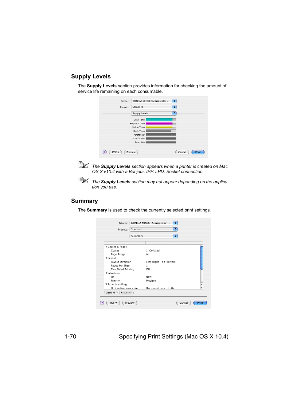 Supply levels, Summary, Supply levels -70 summary -70 | Konica Minolta magicolor 3730DN User Manual | Page 85 / 185