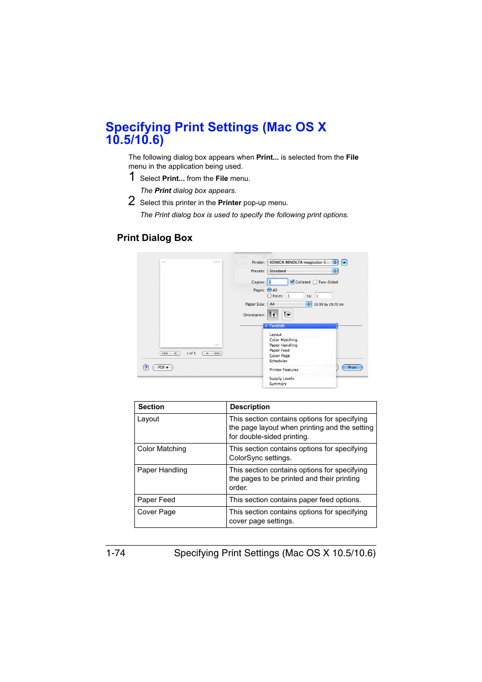 Specifying print settings (mac os x 10.5/10.6), Print dialog box, Specifying print settings (mac os x 10.5/10.6) -74 | Print dialog box -74 | Konica Minolta magicolor 3730DN User Manual | Page 89 / 185