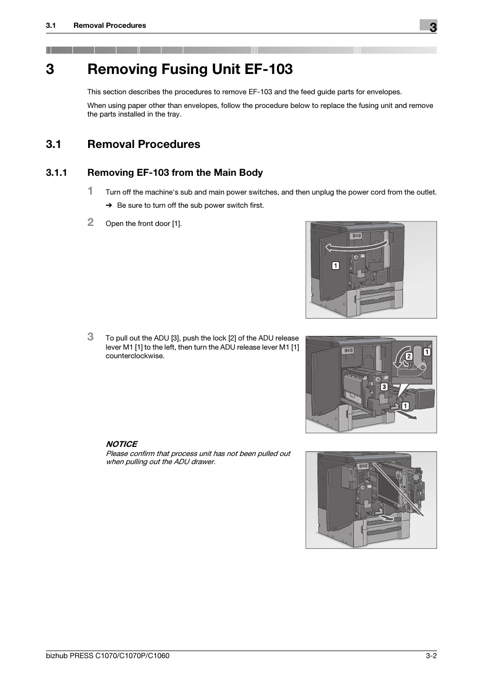 3 removing fusing unit ef-103, 1 removal procedures, 1 removing ef-103 from the main body | Removing fusing unit ef-103, Removal procedures -2, Removing ef-103 from the main body -2, 3removing fusing unit ef-103 | Konica Minolta bizhub PRESS C1070 User Manual | Page 18 / 37