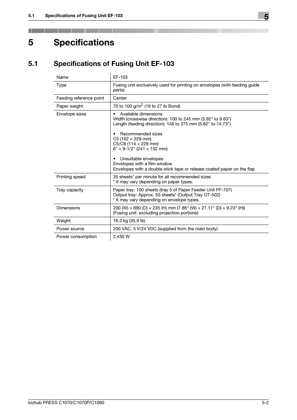 5 specifications, 1 specifications of fusing unit ef-103, Specifications | Specifications of fusing unit ef-103 -2, 5specifications | Konica Minolta bizhub PRESS C1070 User Manual | Page 35 / 37