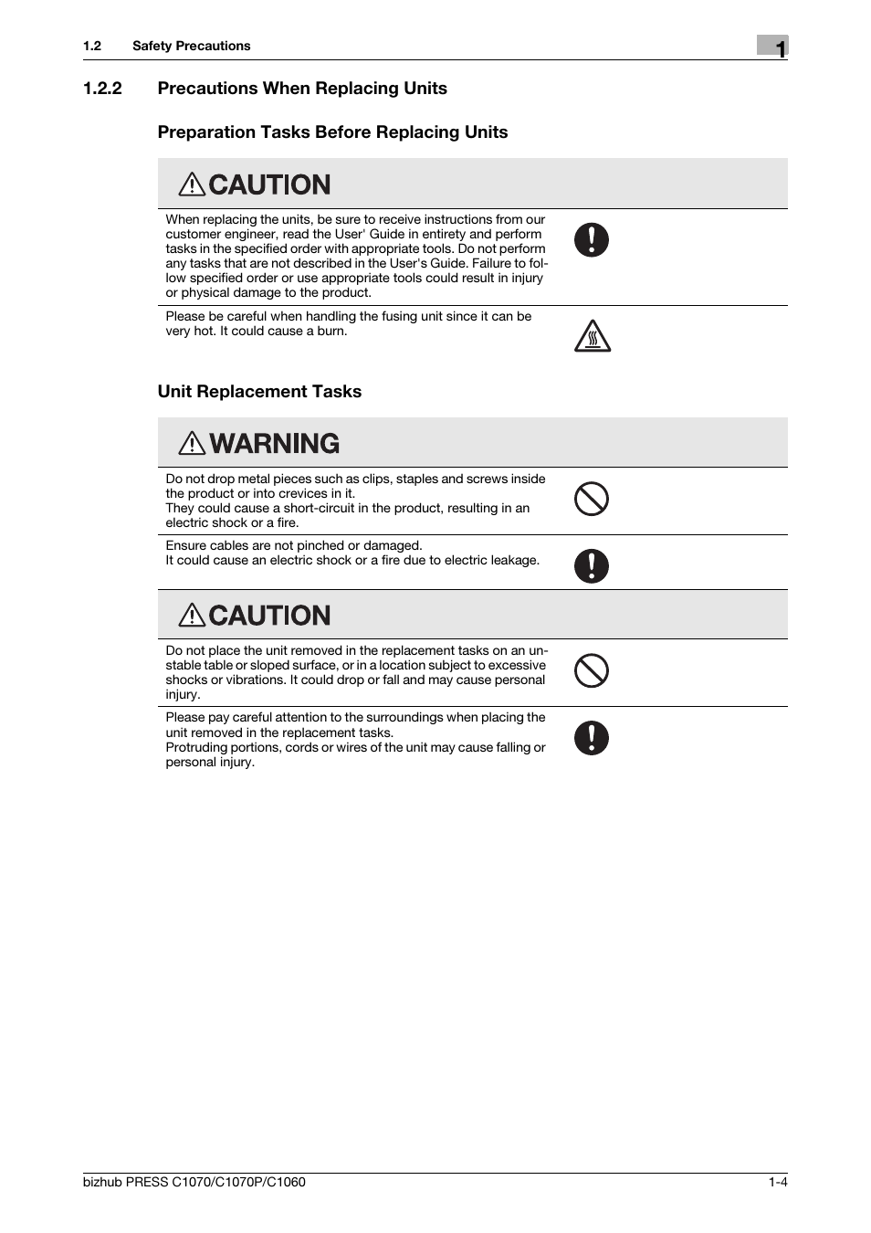 2 precautions when replacing units, Precautions when replacing units -4 | Konica Minolta bizhub PRESS C1070 User Manual | Page 7 / 37