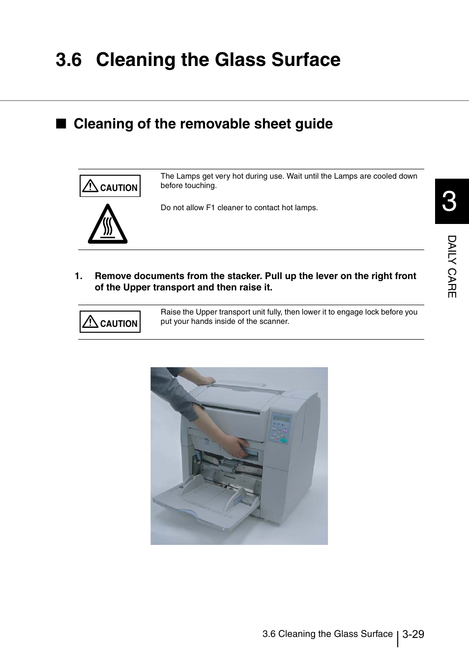 6 cleaning the glass surface, Cleaning the glass surface -29, Cleaning of the removable sheet guide | Konica Minolta Fujitsu Scanner User Manual | Page 115 / 316