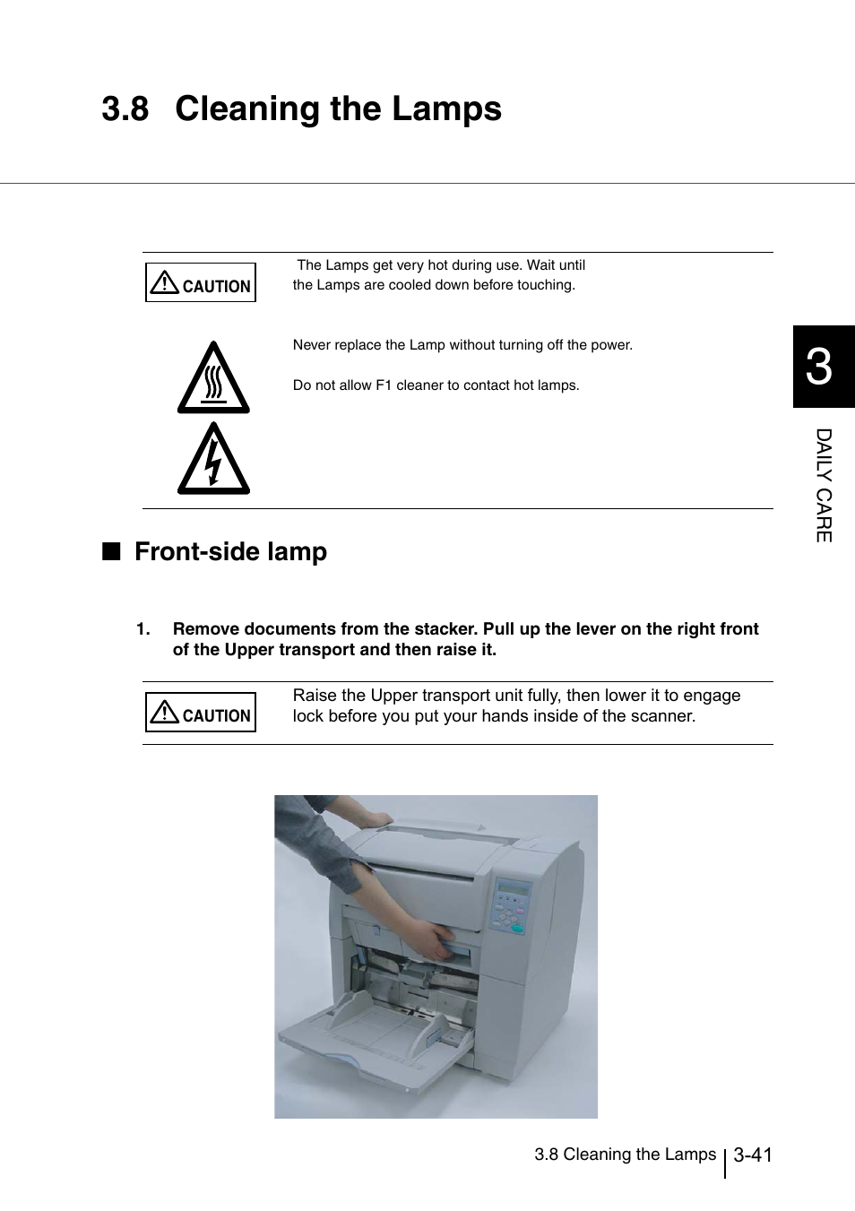 8 cleaning the lamps, Cleaning the lamps -41, Front-side lamp | Konica Minolta Fujitsu Scanner User Manual | Page 127 / 316