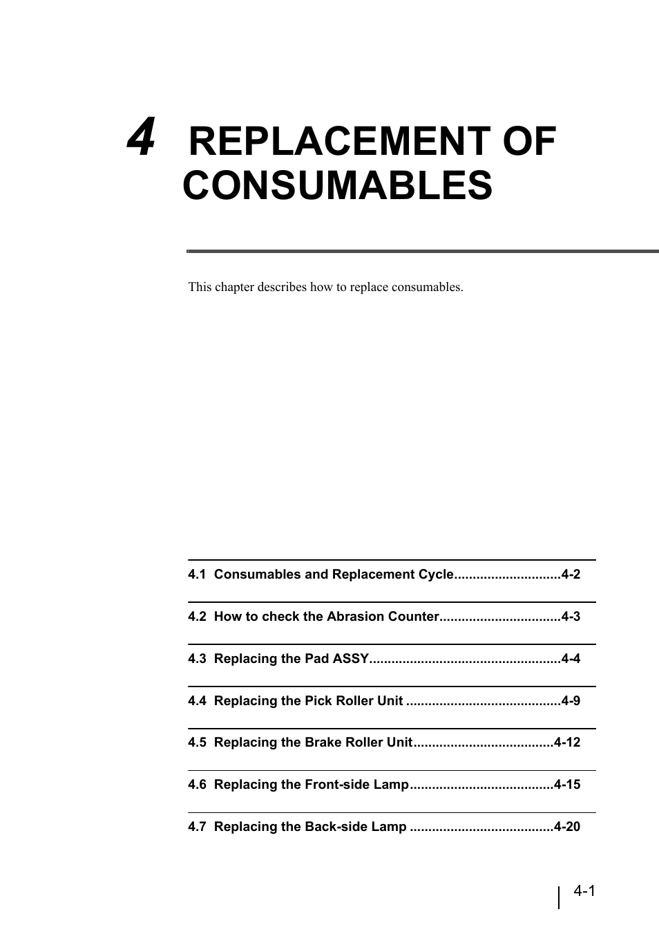 4 replacement of consumables, 4 replacement of consumables -1, Replacement of consumables | Konica Minolta Fujitsu Scanner User Manual | Page 135 / 316