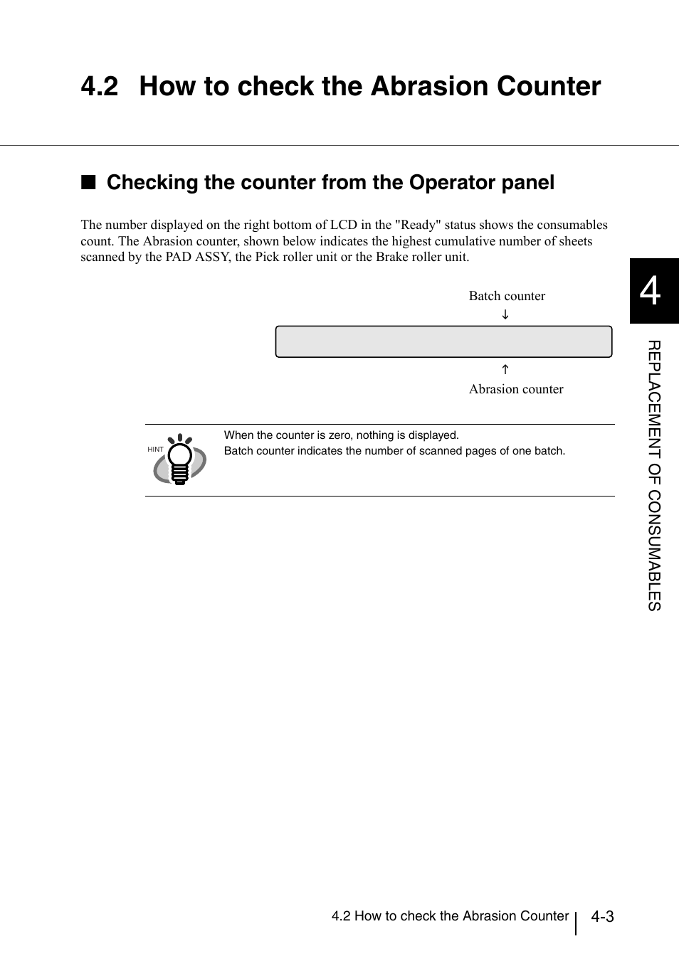 2 how to check the abrasion counter, How to check the abrasion counter -3, Checking the counter from the operator panel | Repla c ement of consumables | Konica Minolta Fujitsu Scanner User Manual | Page 137 / 316