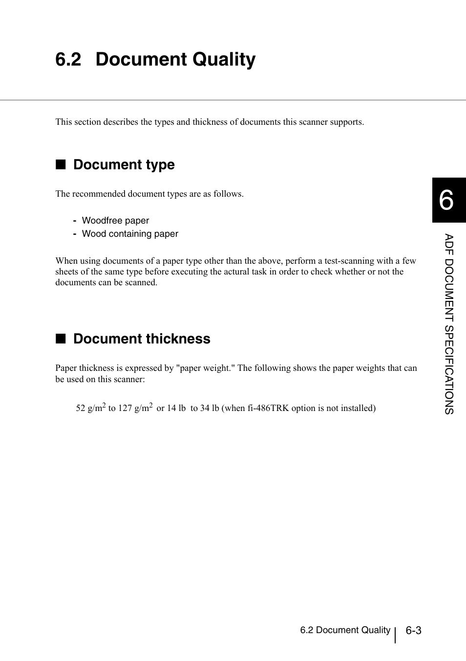 2 document quality, Document quality -3, Ion "6.2 document quality | Document type, Document thickness | Konica Minolta Fujitsu Scanner User Manual | Page 193 / 316