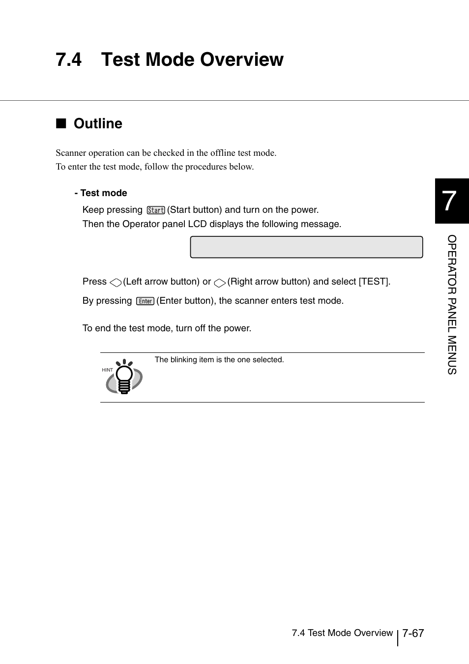 4 test mode overview, Test mode overview -67, Outline | Opera t or p a nel menus | Konica Minolta Fujitsu Scanner User Manual | Page 267 / 316