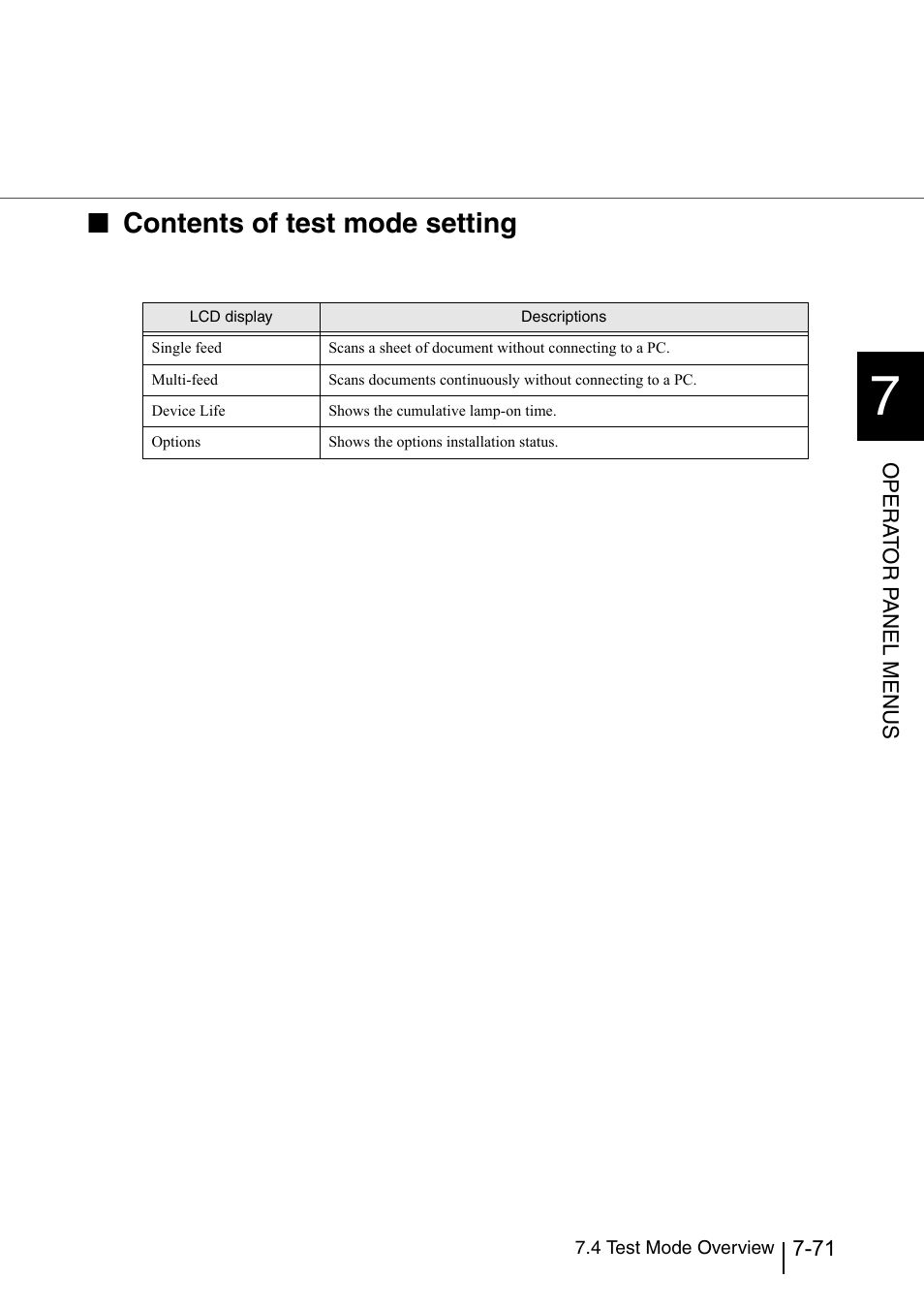 Contents of test mode setting | Konica Minolta Fujitsu Scanner User Manual | Page 271 / 316