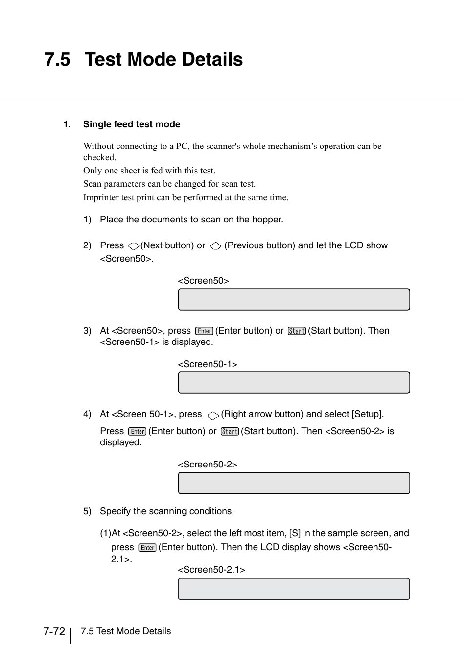 5 test mode details, Test mode details -72, The section "7.5 test mode details " " 3 | On "7.5, Test mode details", "3 | Konica Minolta Fujitsu Scanner User Manual | Page 272 / 316