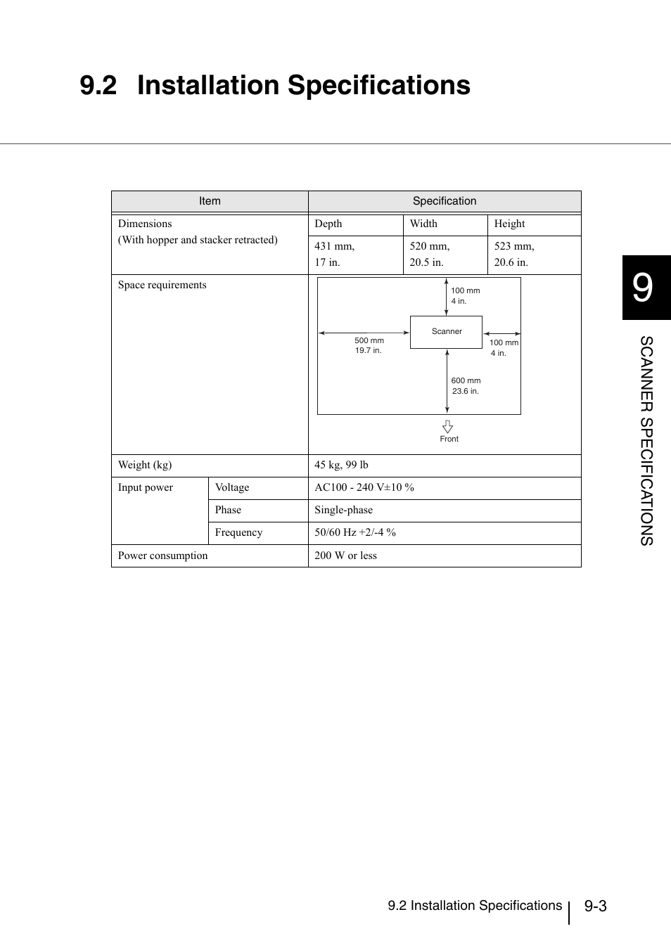 2 installation specifications, Installation specifications -3, Scanner specifica t ions | Konica Minolta Fujitsu Scanner User Manual | Page 291 / 316