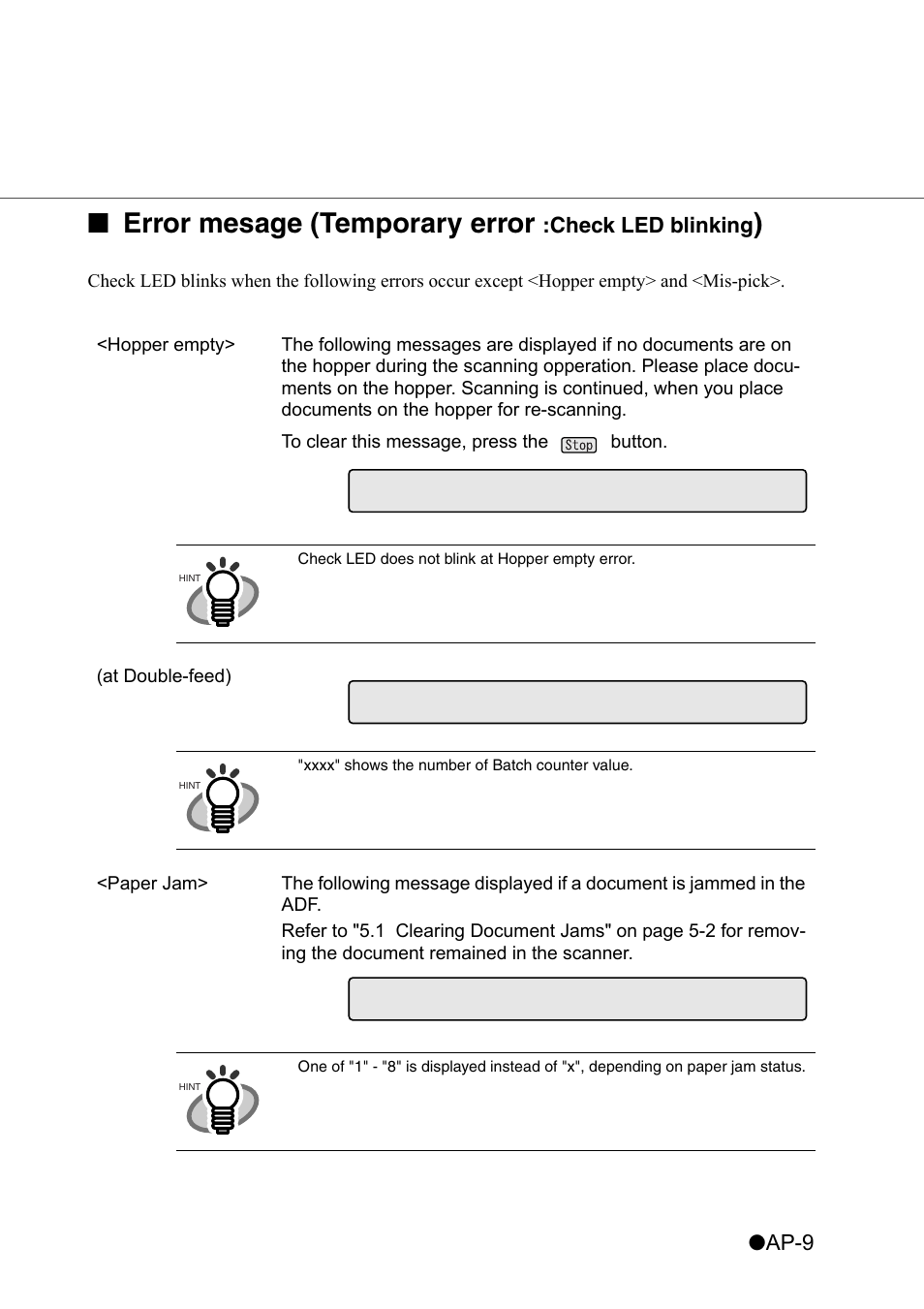 Error mesage (temporary error, Ap-9, Check led blinking | At double-feed) | Konica Minolta Fujitsu Scanner User Manual | Page 303 / 316