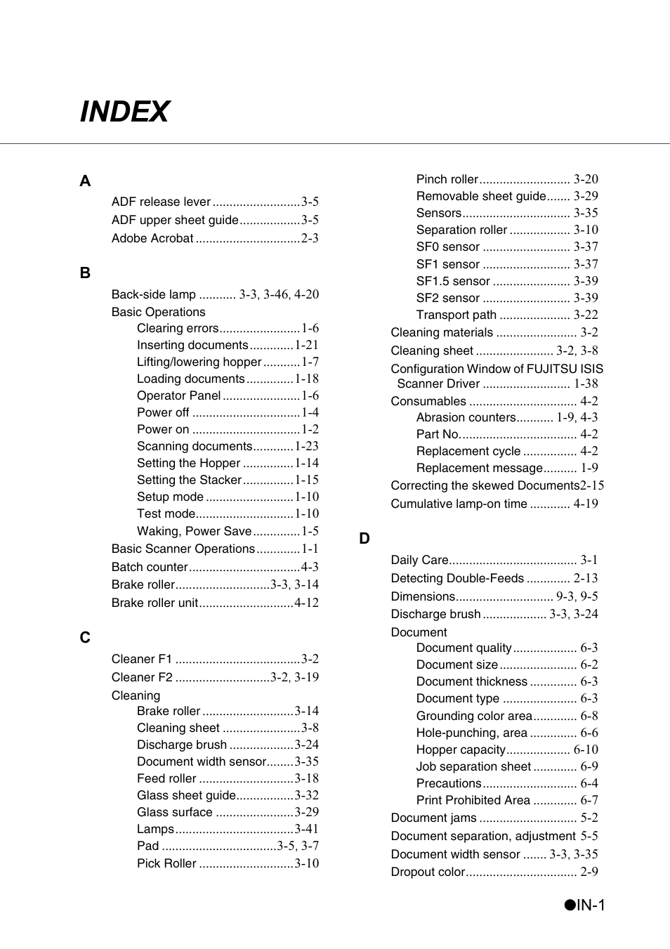Index, In-1 a | Konica Minolta Fujitsu Scanner User Manual | Page 313 / 316