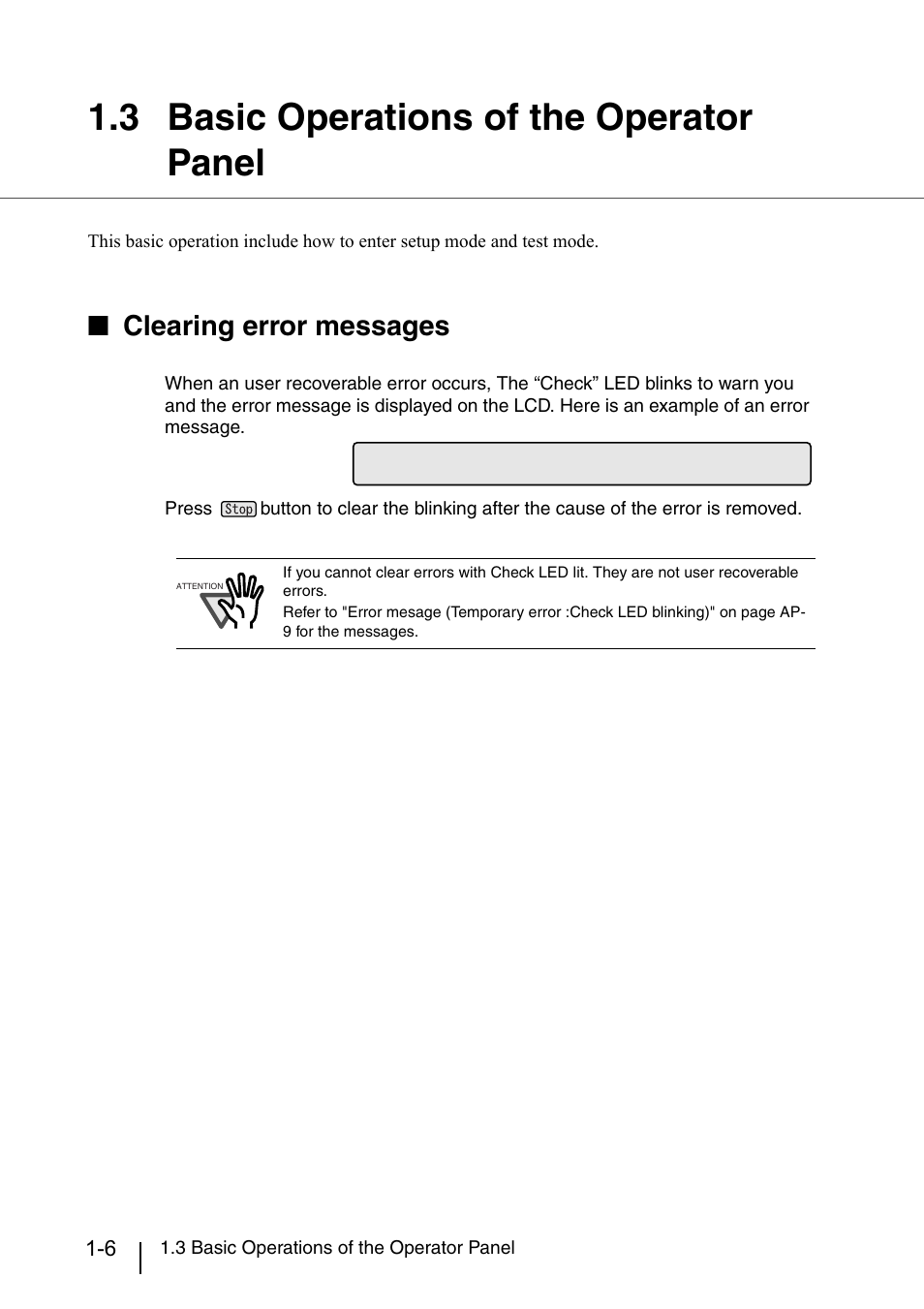 3 basic operations of the operator panel, Basic operations of the operator panel -6, Clearing error messages | Konica Minolta Fujitsu Scanner User Manual | Page 32 / 316