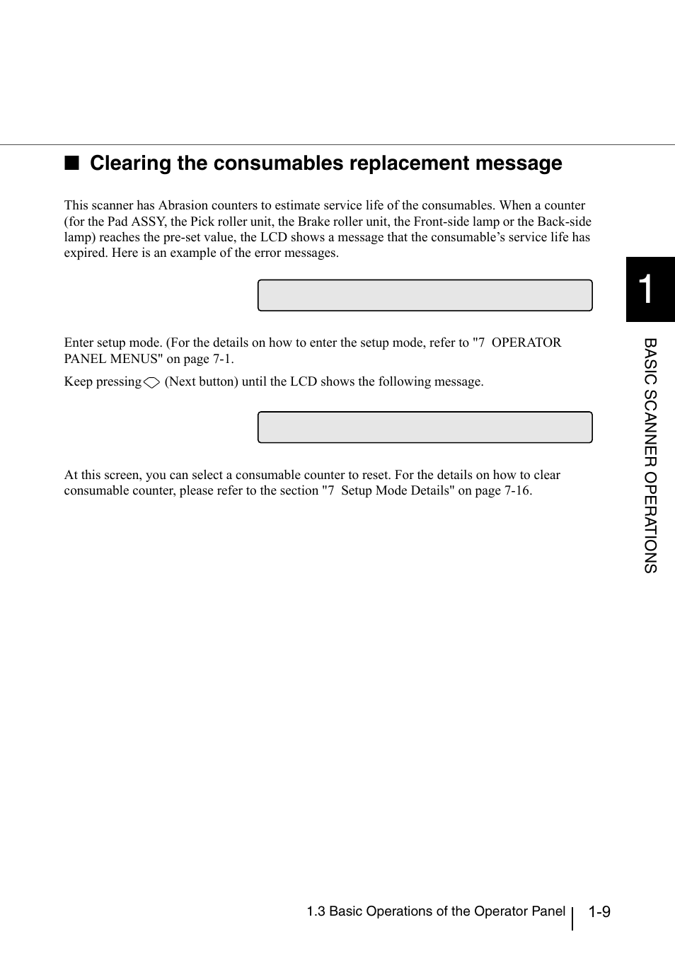 Clearing the consumables replacement message, Basic scanner opera t ions | Konica Minolta Fujitsu Scanner User Manual | Page 35 / 316