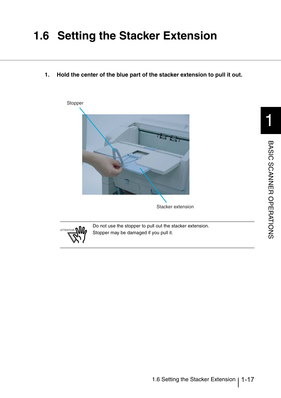 6 setting the stacker extension, Setting the stacker extension -17 | Konica Minolta Fujitsu Scanner User Manual | Page 43 / 316