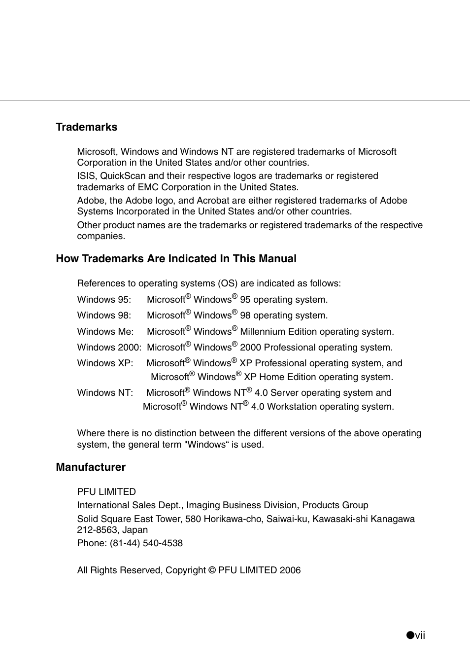 Vii trademarks, How trademarks are indicated in this manual, Manufacturer | Konica Minolta Fujitsu Scanner User Manual | Page 9 / 316