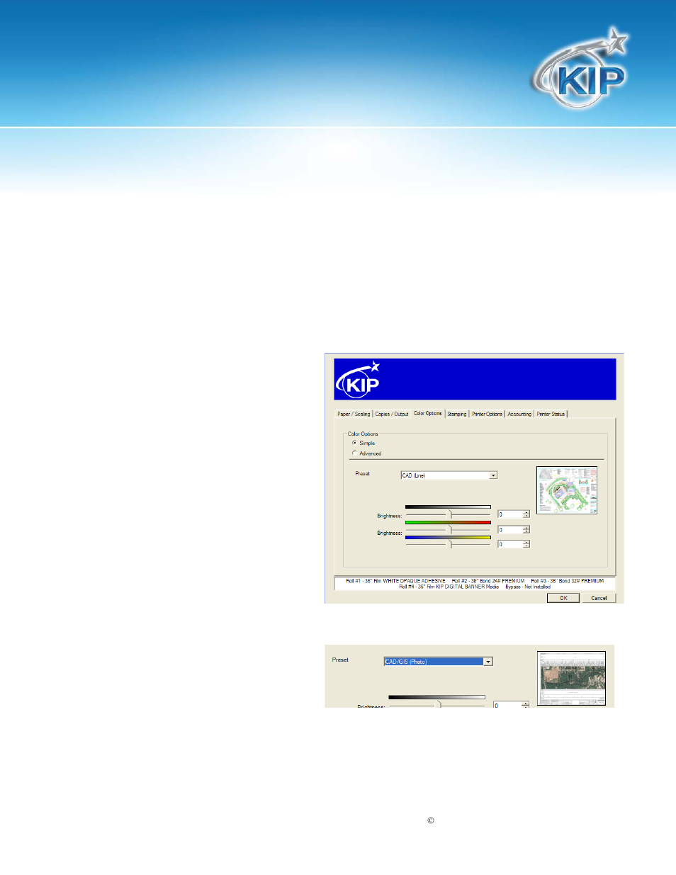 Color options – kip color systems, Kip windows, Driver | Konica Minolta KIP 7700 User Manual | Page 15 / 25