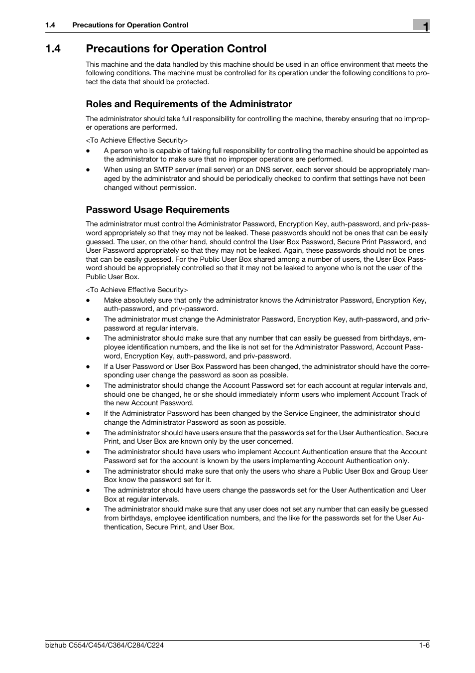 4 precautions for operation control, Roles and requirements of the administrator, Password usage requirements | Konica Minolta bizhub C364 User Manual | Page 10 / 195