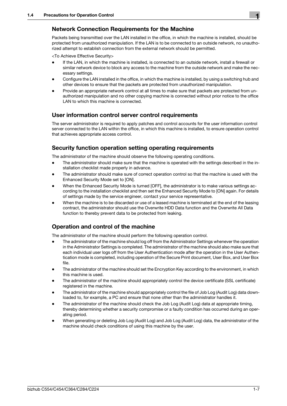 Network connection requirements for the machine, Operation and control of the machine | Konica Minolta bizhub C364 User Manual | Page 11 / 195