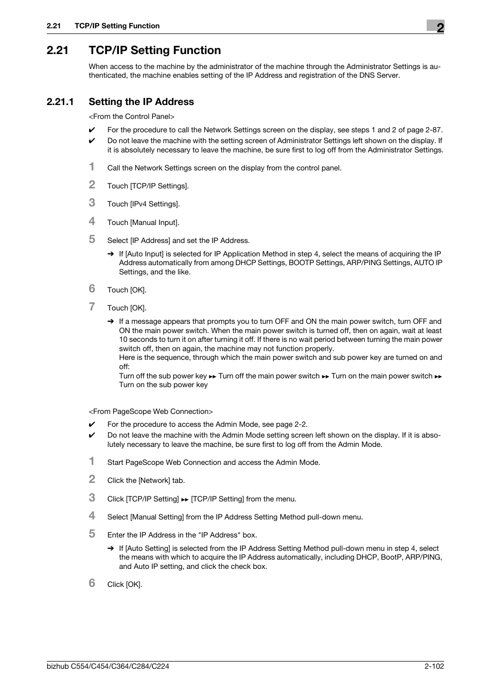 21 tcp/ip setting function, 1 setting the ip address, Tcp/ip setting function -102 | Setting the ip address -102 | Konica Minolta bizhub C364 User Manual | Page 118 / 195