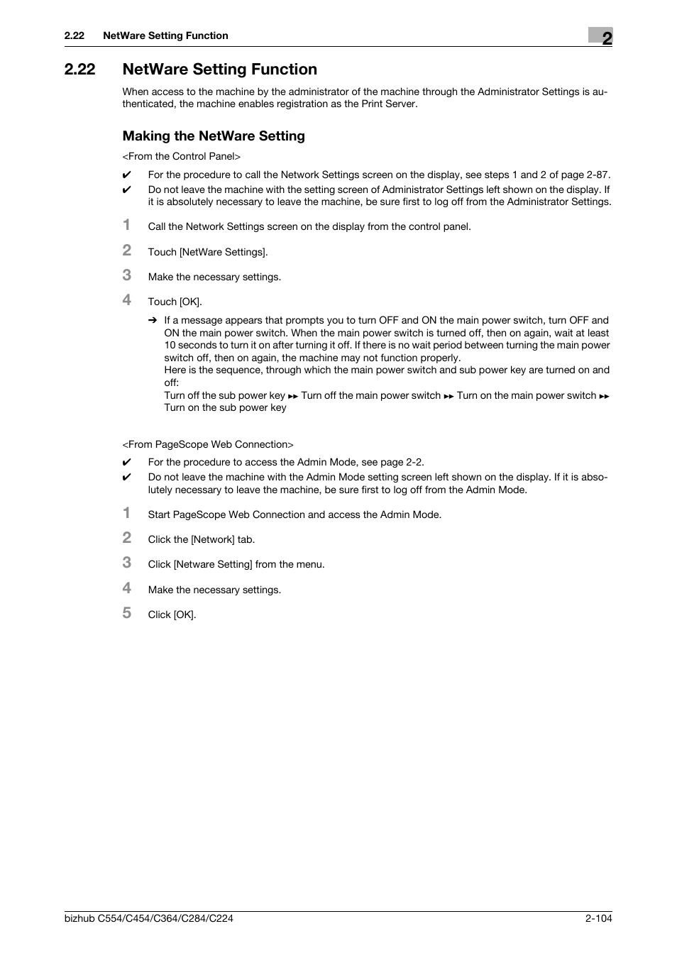 22 netware setting function, Making the netware setting | Konica Minolta bizhub C364 User Manual | Page 120 / 195