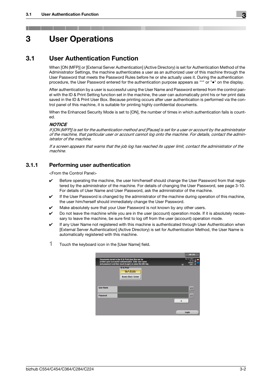 3 user operations, 1 user authentication function, 1 performing user authentication | User operations, User authentication function -2, Performing user authentication -2, 3user operations | Konica Minolta bizhub C364 User Manual | Page 125 / 195