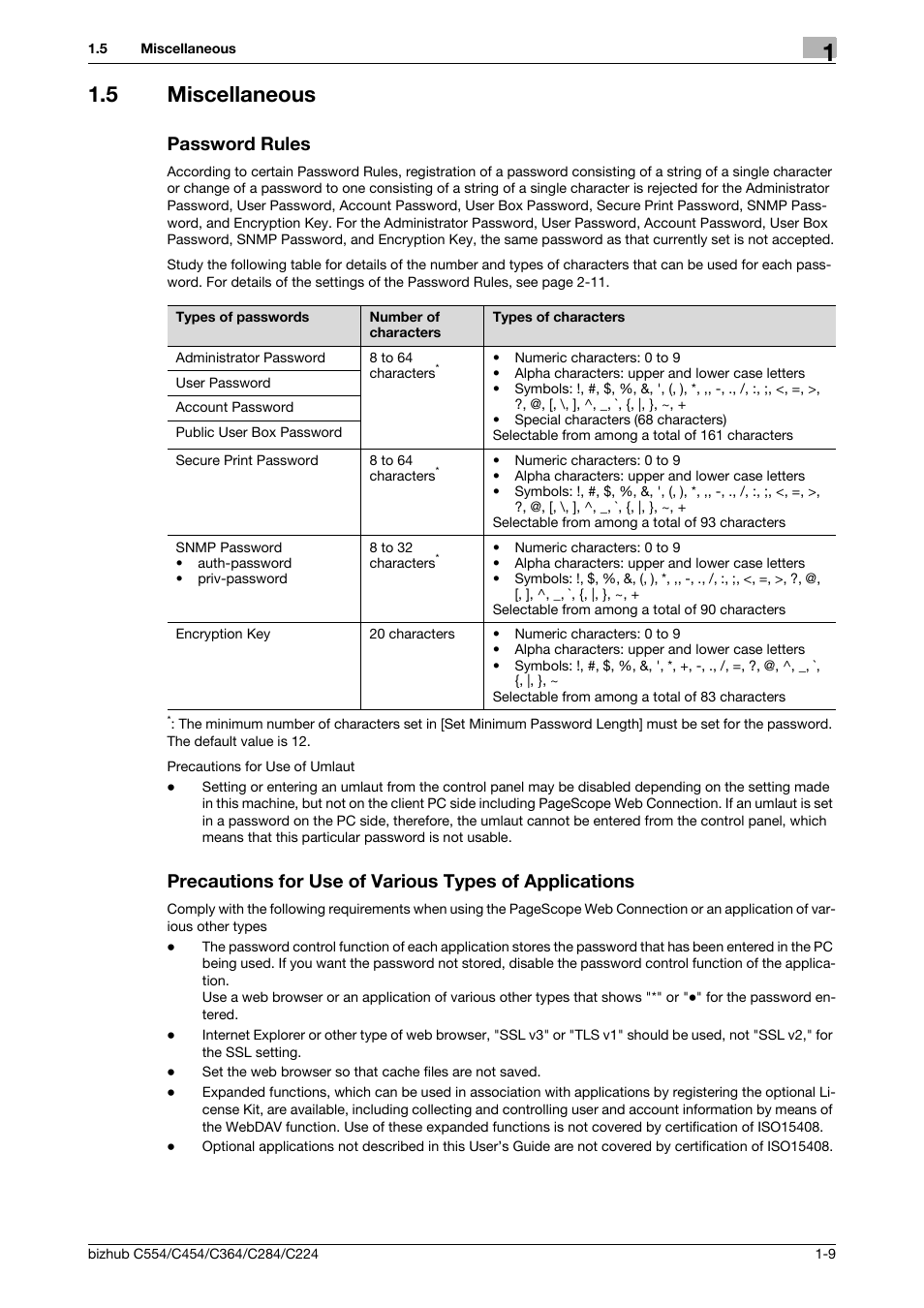 5 miscellaneous, Password rules | Konica Minolta bizhub C364 User Manual | Page 13 / 195