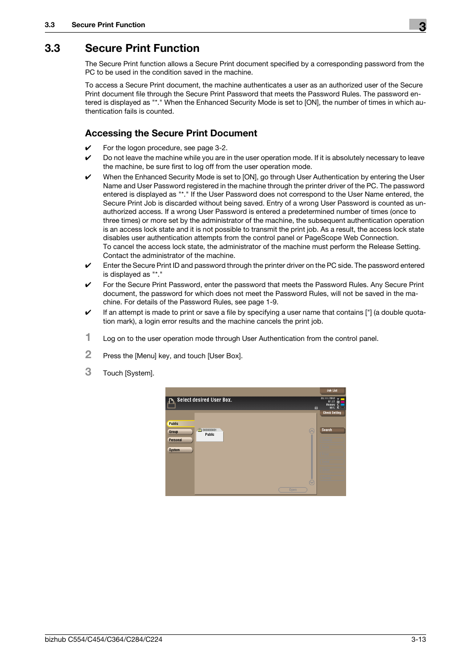 3 secure print function, Accessing the secure print document | Konica Minolta bizhub C364 User Manual | Page 136 / 195