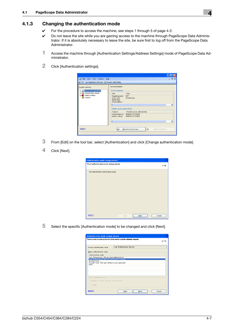 3 changing the authentication mode, Changing the authentication mode -7 | Konica Minolta bizhub C364 User Manual | Page 165 / 195