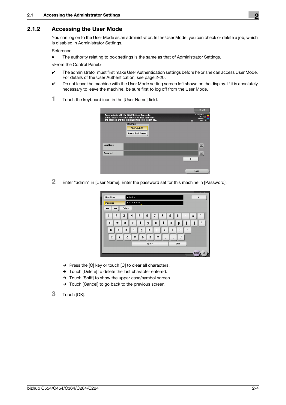 2 accessing the user mode, Accessing the user mode -4 | Konica Minolta bizhub C364 User Manual | Page 20 / 195