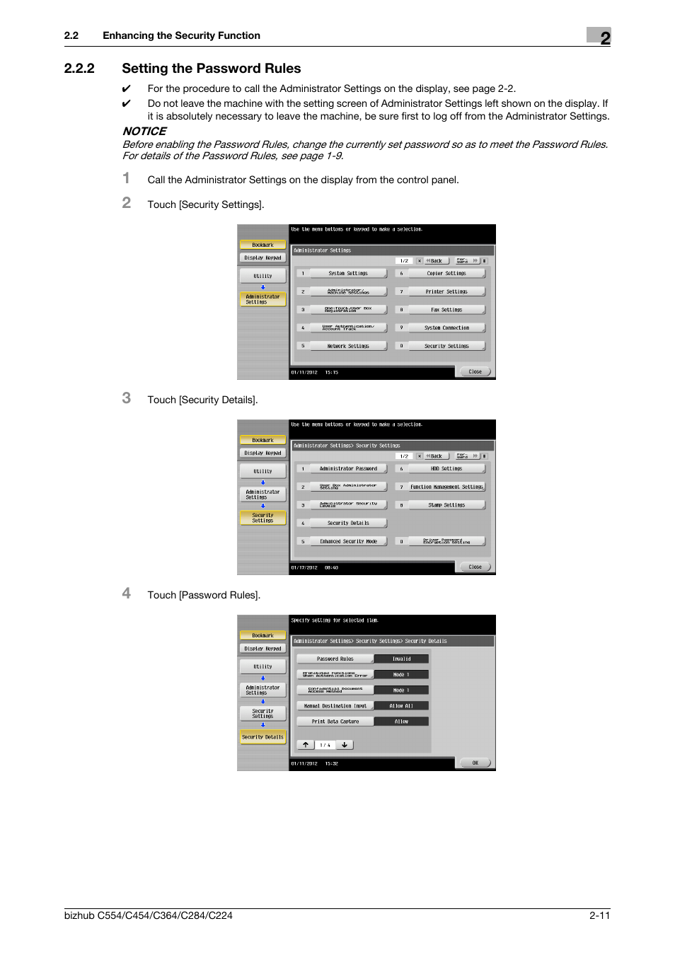 2 setting the password rules, Setting the password rules -11 | Konica Minolta bizhub C364 User Manual | Page 27 / 195