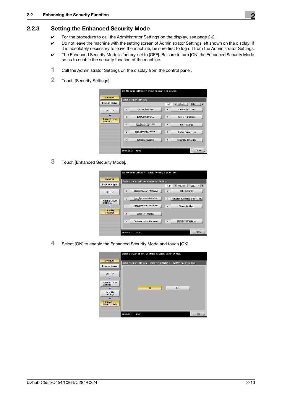 3 setting the enhanced security mode, Setting the enhanced security mode -13 | Konica Minolta bizhub C364 User Manual | Page 29 / 195