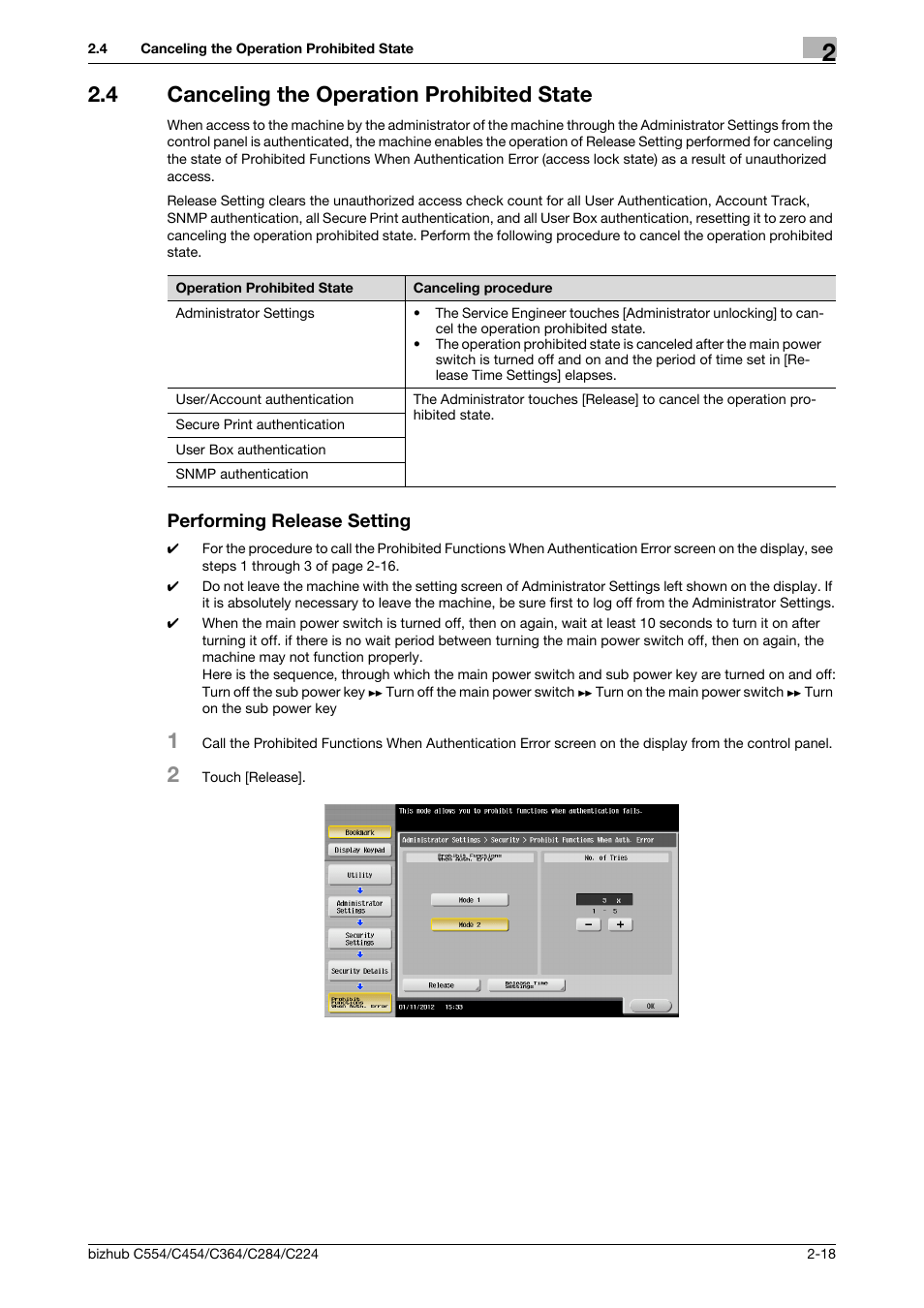 4 canceling the operation prohibited state, Performing release setting | Konica Minolta bizhub C364 User Manual | Page 34 / 195