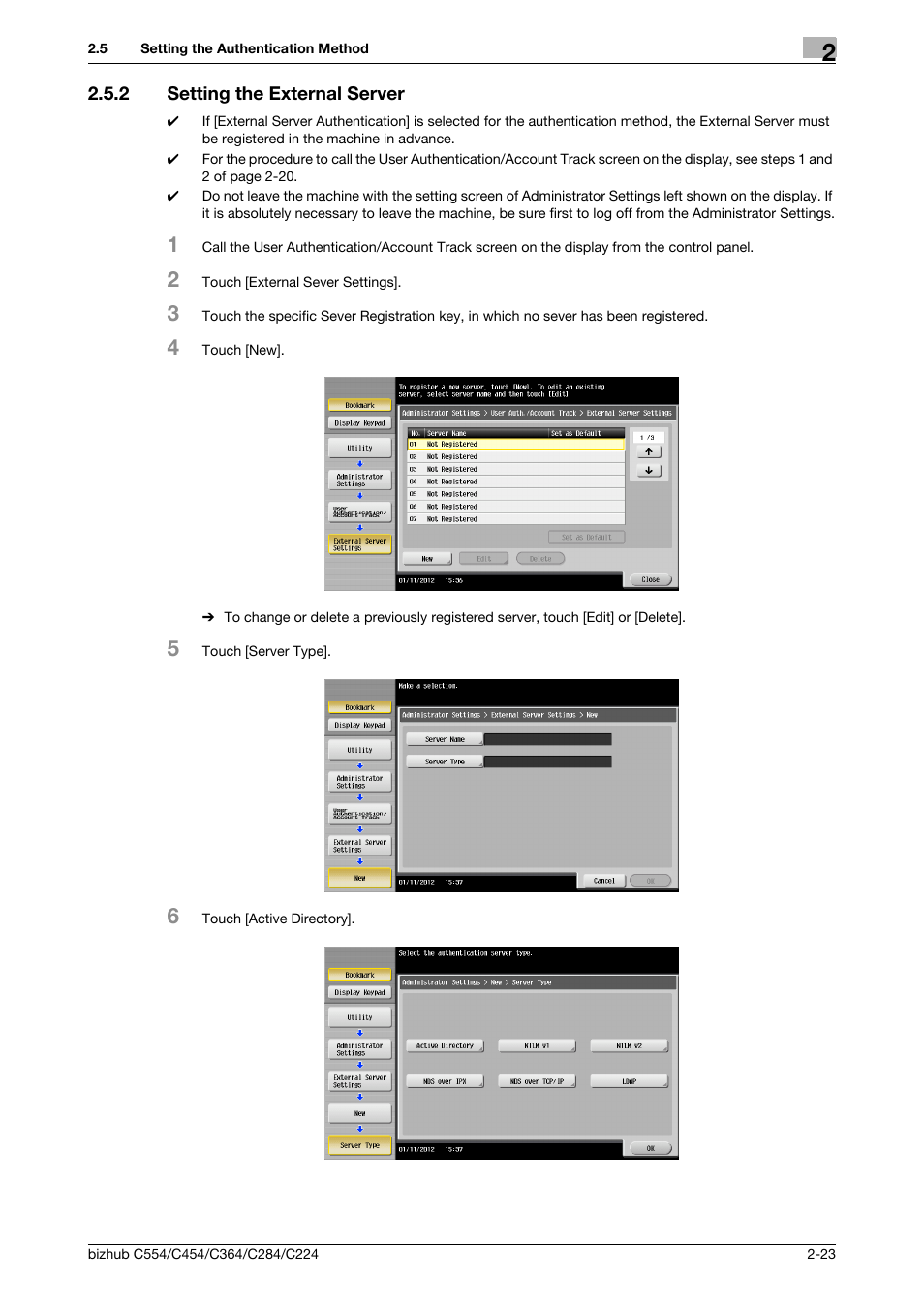 2 setting the external server, Setting the external server -23 | Konica Minolta bizhub C364 User Manual | Page 39 / 195