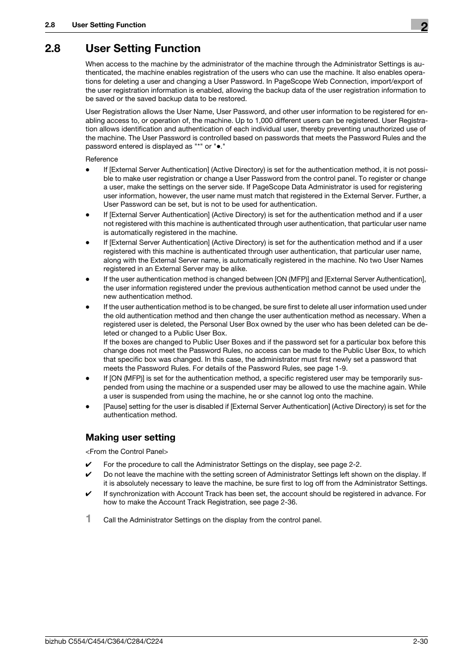 8 user setting function, Making user setting, User setting function -30 making user setting -30 | Konica Minolta bizhub C364 User Manual | Page 46 / 195