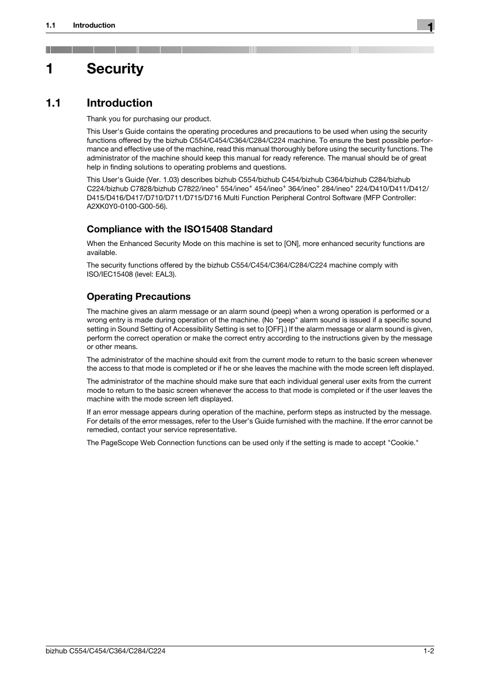 1 security, 1 introduction, Compliance with the iso15408 standard | Operating precautions, Security, 1security | Konica Minolta bizhub C364 User Manual | Page 6 / 195