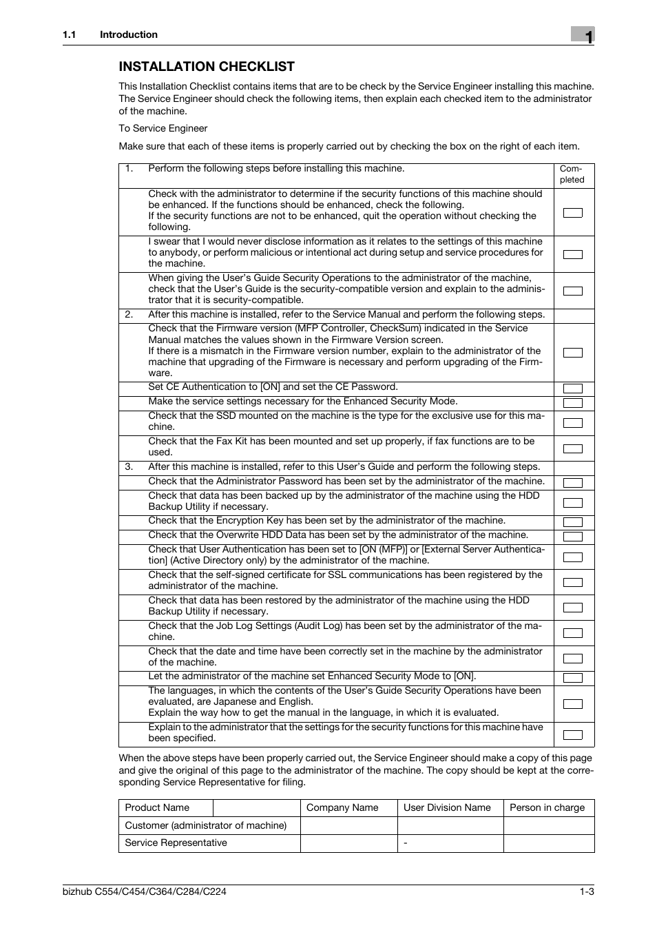 Installation checklist, Installation checklist -3 | Konica Minolta bizhub C364 User Manual | Page 7 / 195