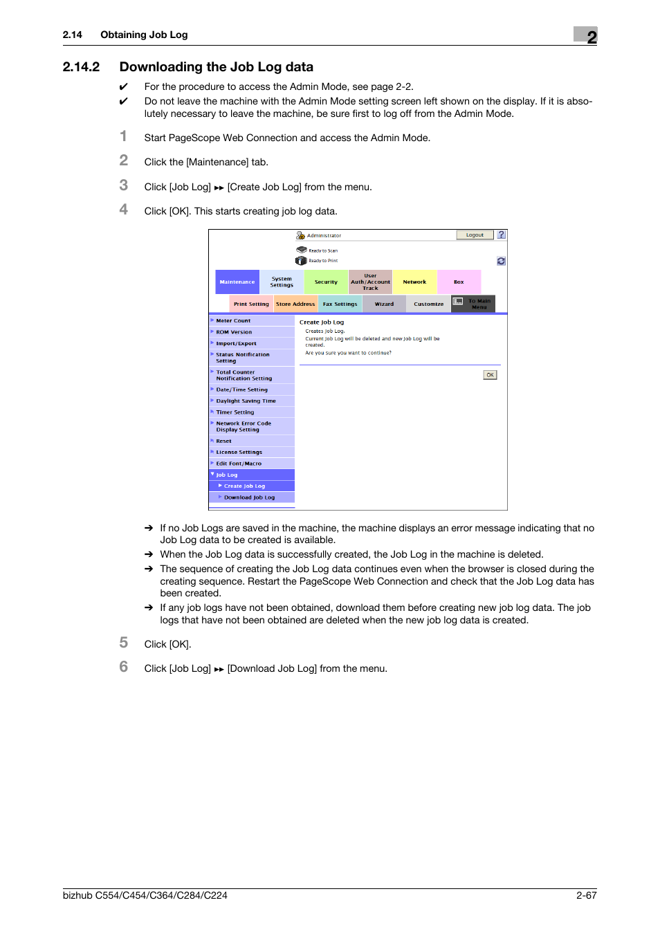 2 downloading the job log data, Downloading the job log data -67 | Konica Minolta bizhub C364 User Manual | Page 83 / 195