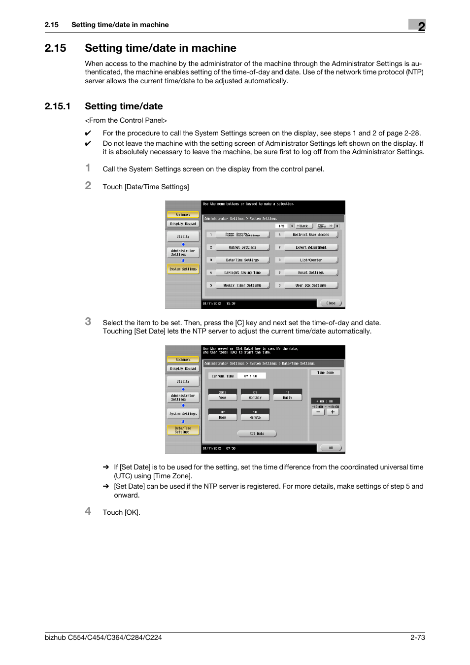 15 setting time/date in machine, 1 setting time/date, Setting time/date in machine -73 | Setting time/date -73 | Konica Minolta bizhub C364 User Manual | Page 89 / 195